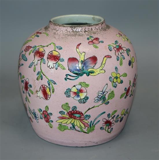 A Chinese pink ground famille rose jar, lacking cover, 18th/19th century, height 18cm